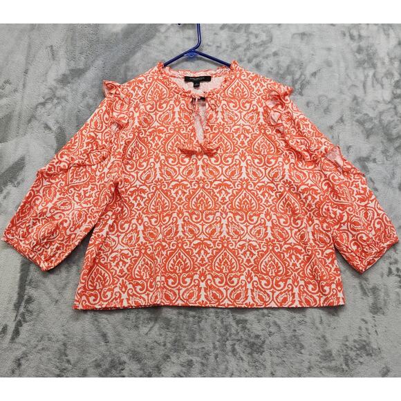 Andrew Marc New York Top Womens L Orange Linen Ruffle Trim Damask Stamp Print - Picture 1 of 9
